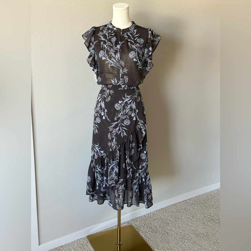 Ann Taylor Romantic Ruffles Blue Floral Two Piece Set - Skirt and Blouse - M